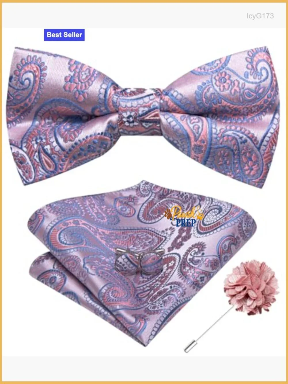 Pre-Tied Silk Bow Tie Set with Pocket Square Cufflinks Lapel Pin